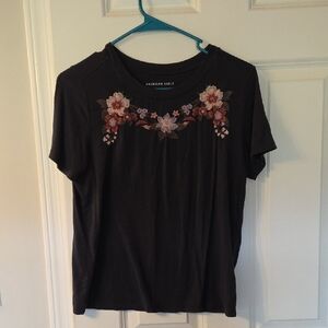 American Eagle Outfitters Black Tee with Pink Floral Design